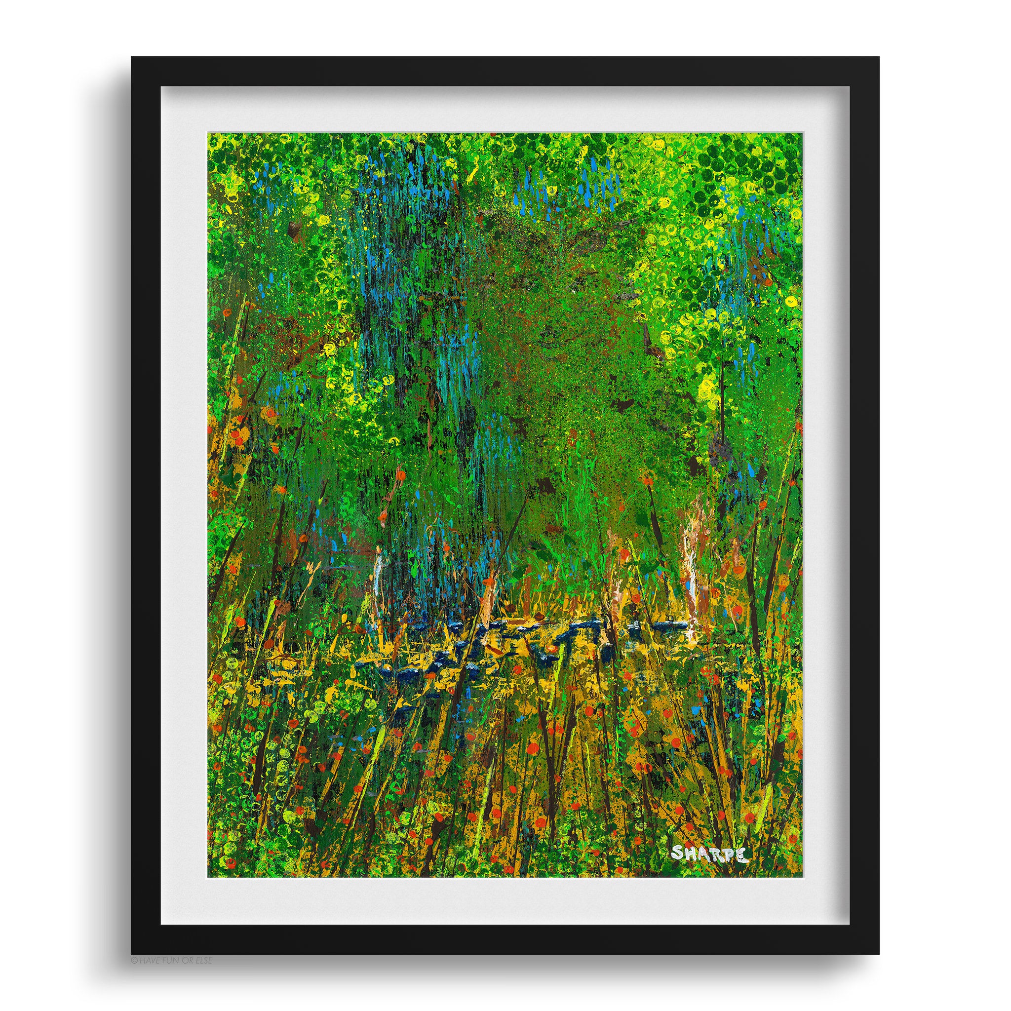 Framed abstract artwork with green and blue tones