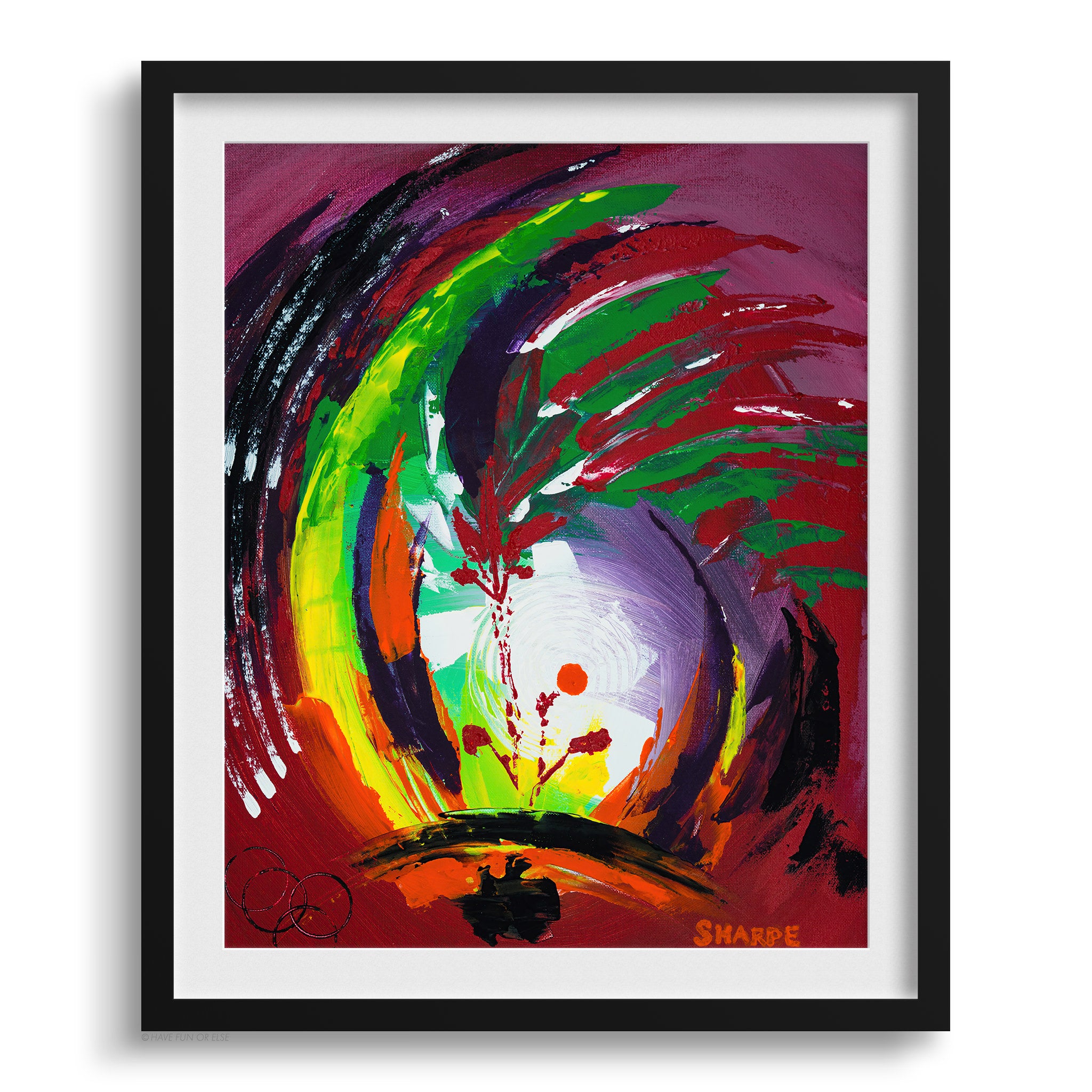 Abstract painting with vibrant colors in a black frame