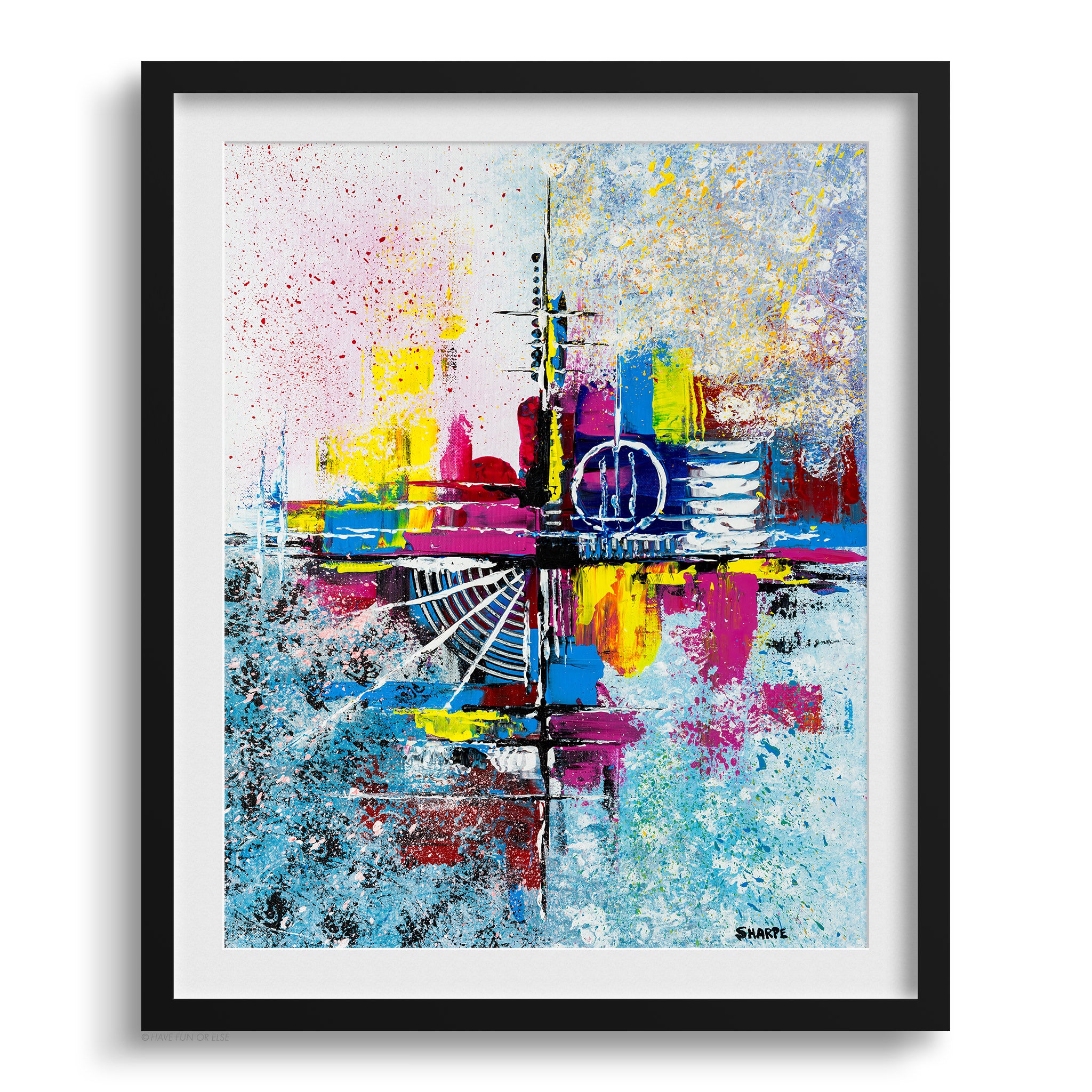 Framed abstract artwork with vibrant colors on a white background