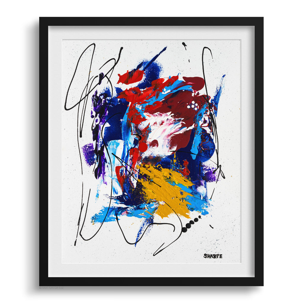 Abstract art print with colorful splashes on a white background