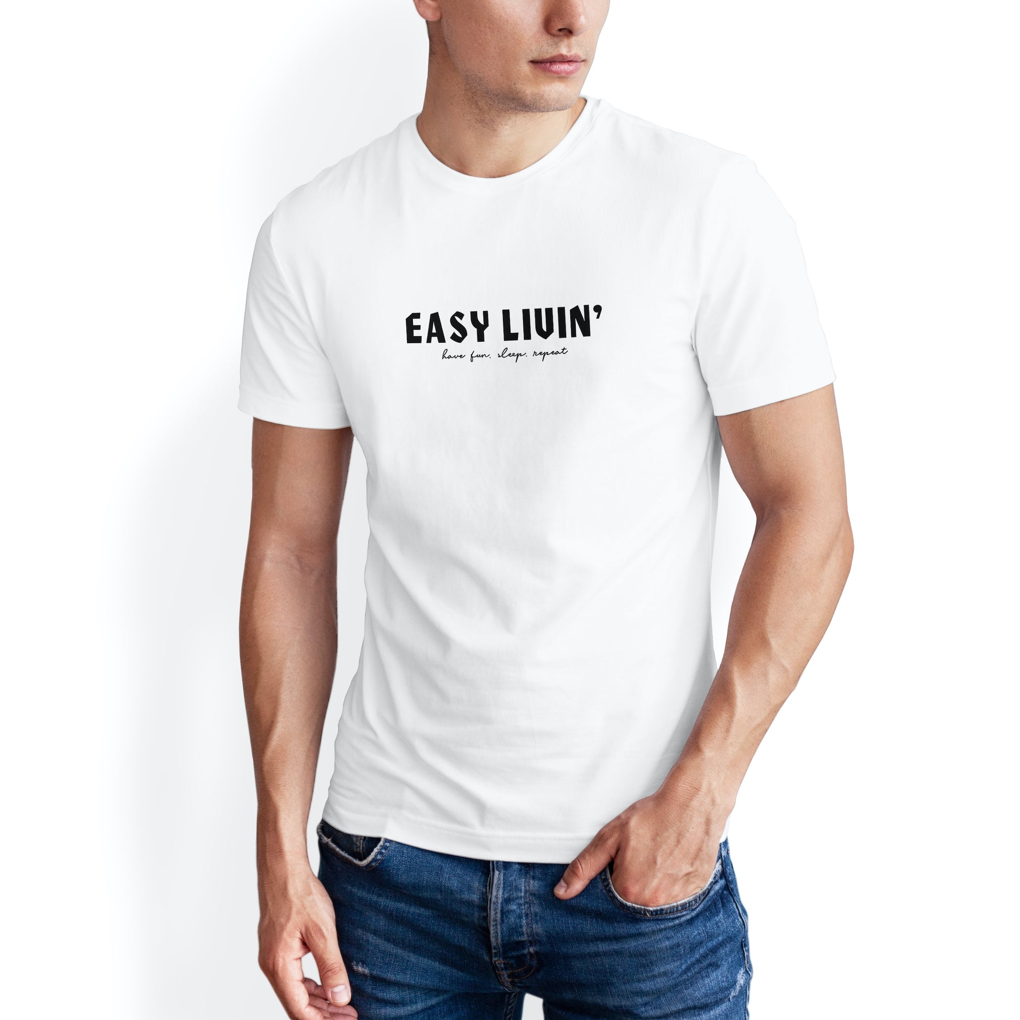 Man wearing Have Fun Or Else Easy Livin' white t-shirt, front