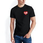 Man wearing Have Fun Or Else Follow Your Heart black t-shirt, front